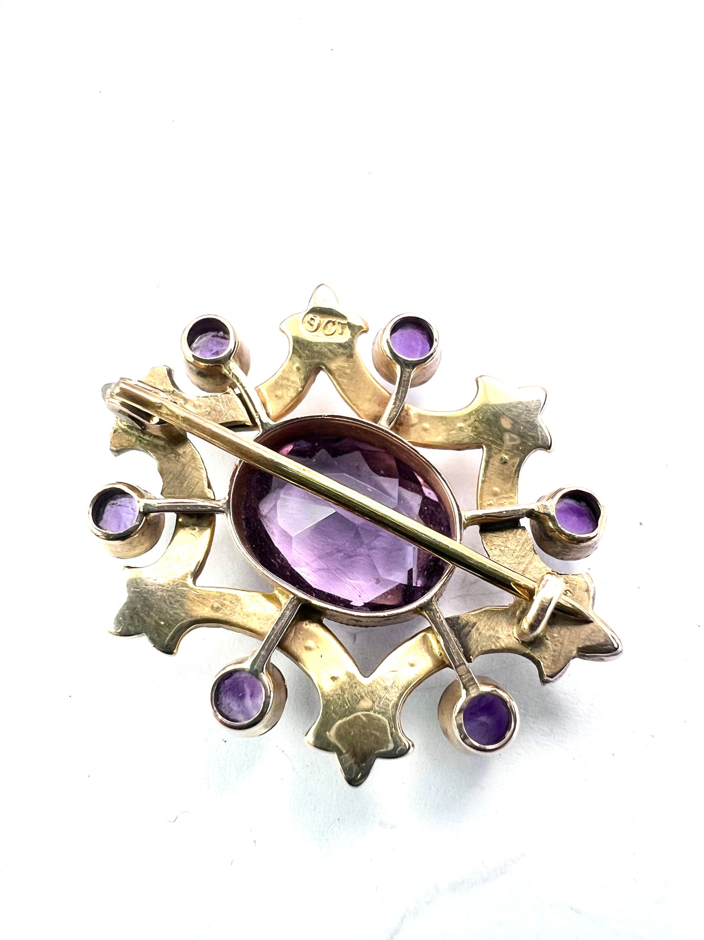 Edwardian 9CT Gold Amethyst Seed Pearl Brooch