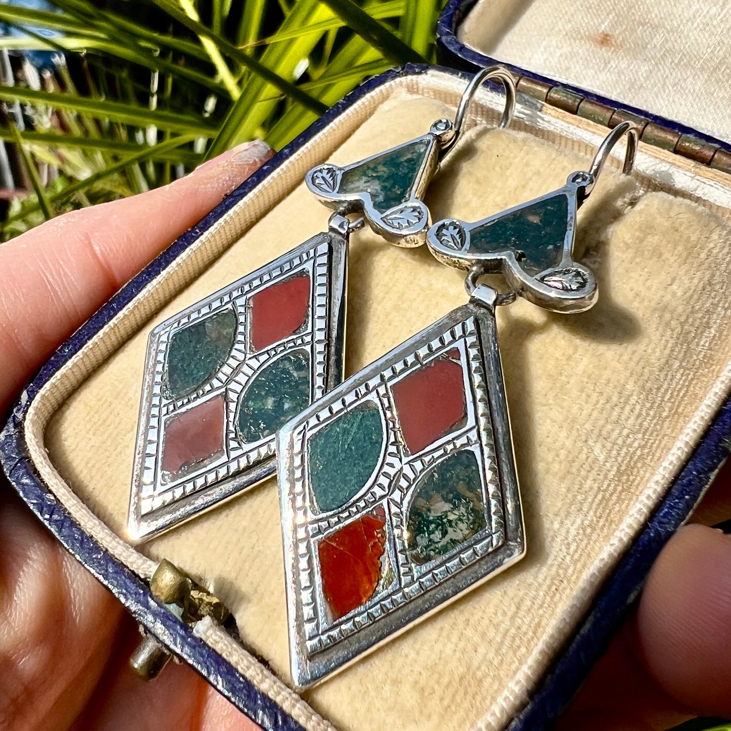Large Victorian Scottish Silver Agate Earrings