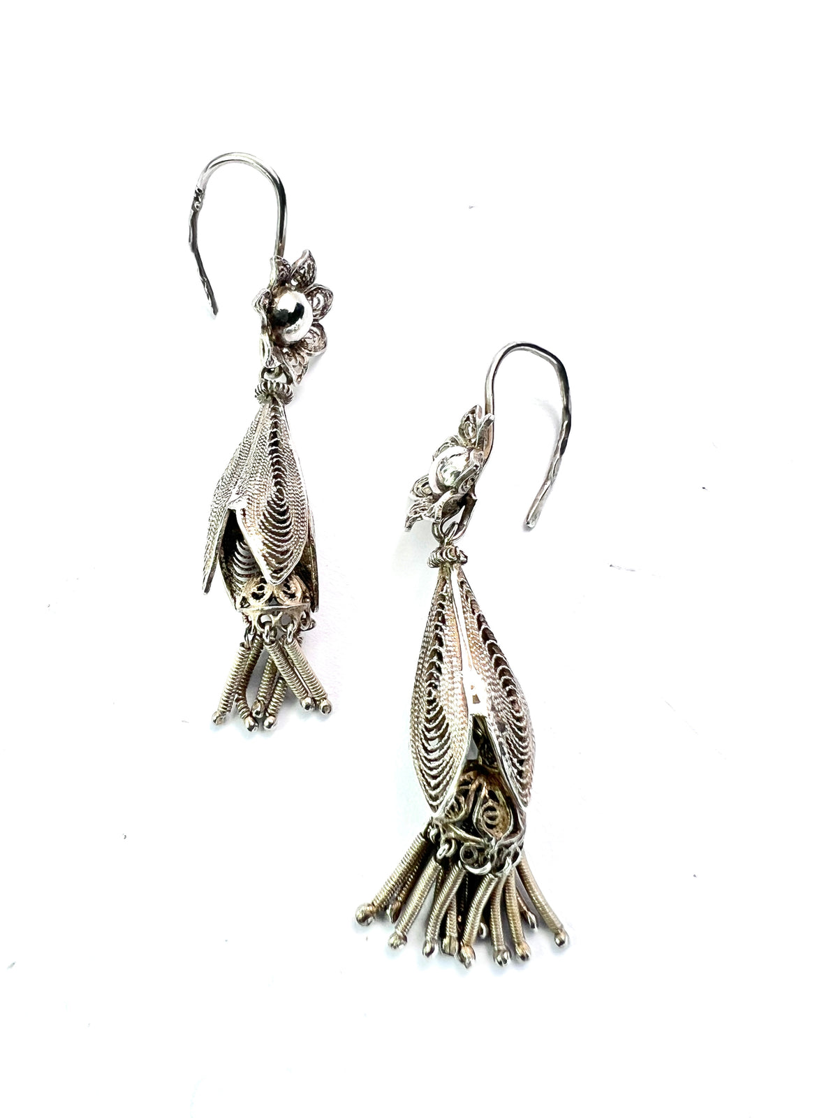 Vintage Silver Filigree Flower Tassel Earrings