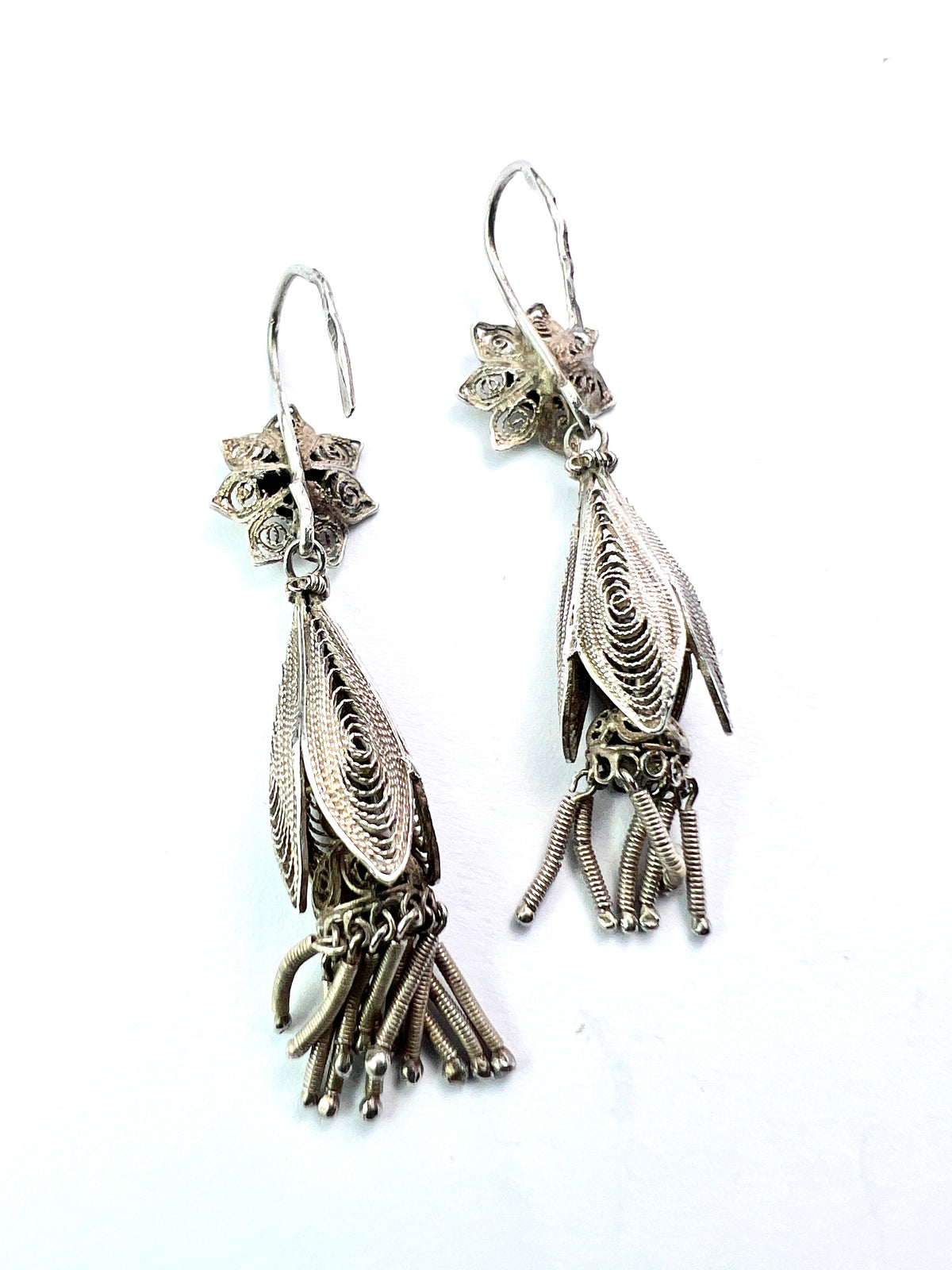 Vintage Silver Filigree Flower Tassel Earrings