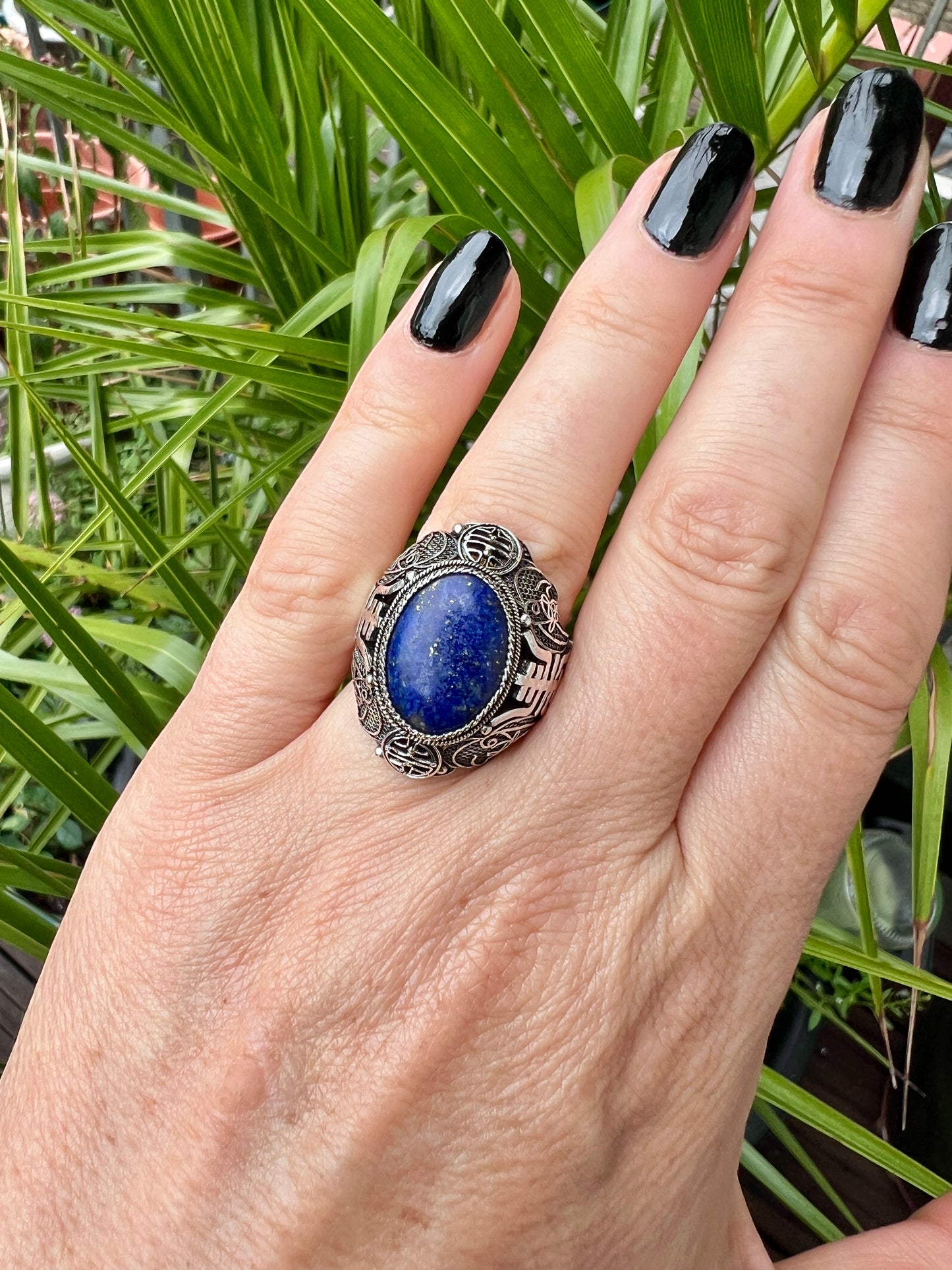 Vintage Chinese Export Lapis Lazuli Silver Filigree Cocktail Ring