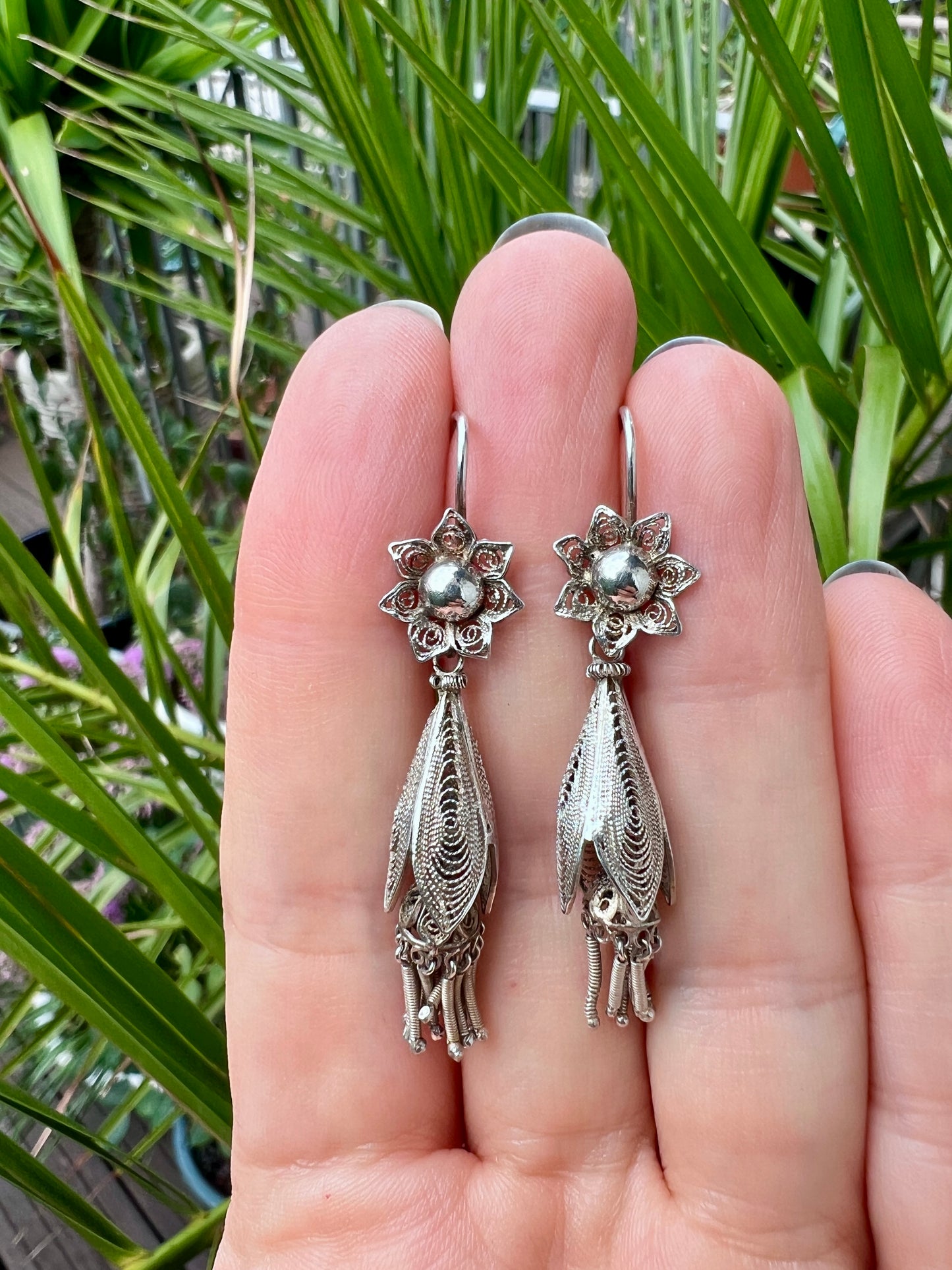 Vintage Silver Filigree Flower Tassel Earrings