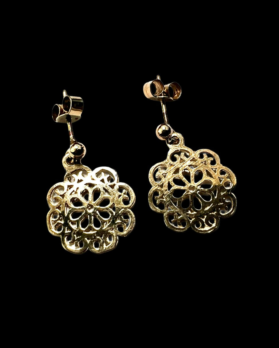 Vintage 9CT Gold Flower Mandala Earrings