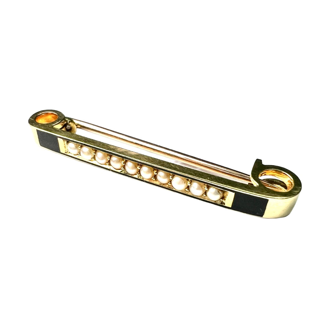 Edwardian 15CT Gold Pearl Enamel Bar Brooch