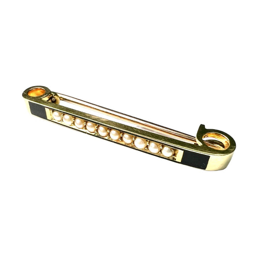 Edwardian 15CT Gold Pearl Enamel Bar Brooch