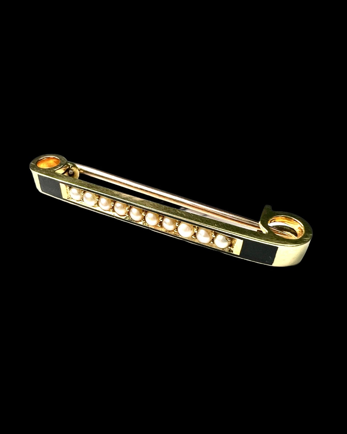 Edwardian 15CT Gold Pearl Enamel Bar Brooch