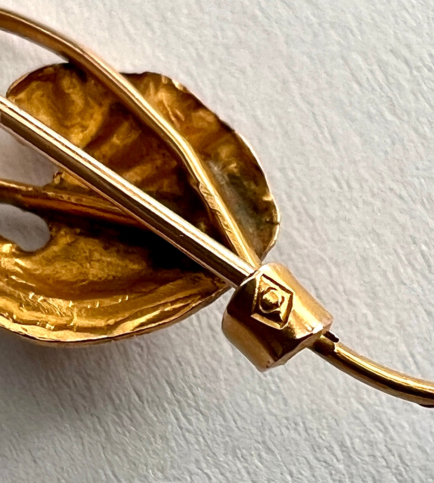 Tiny Art Nouveau Gold Leaf Pearl Brooch