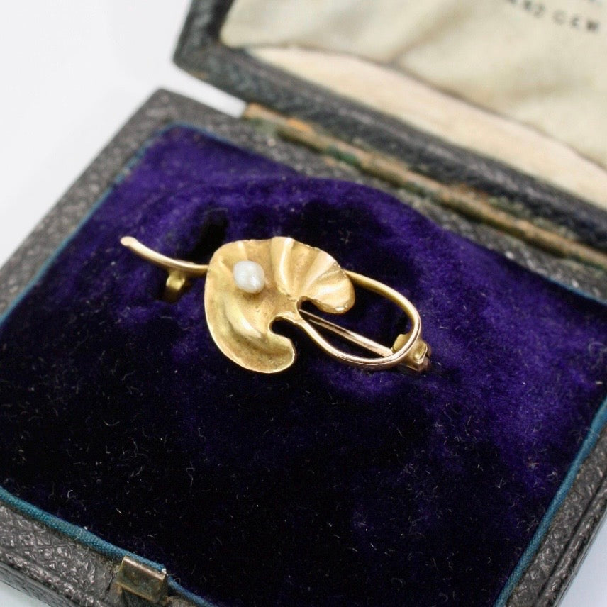 Tiny Art Nouveau Gold Leaf Pearl Brooch