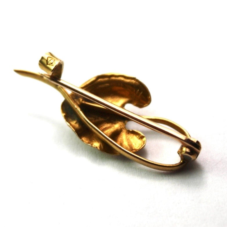 Tiny Art Nouveau Gold Leaf Pearl Brooch
