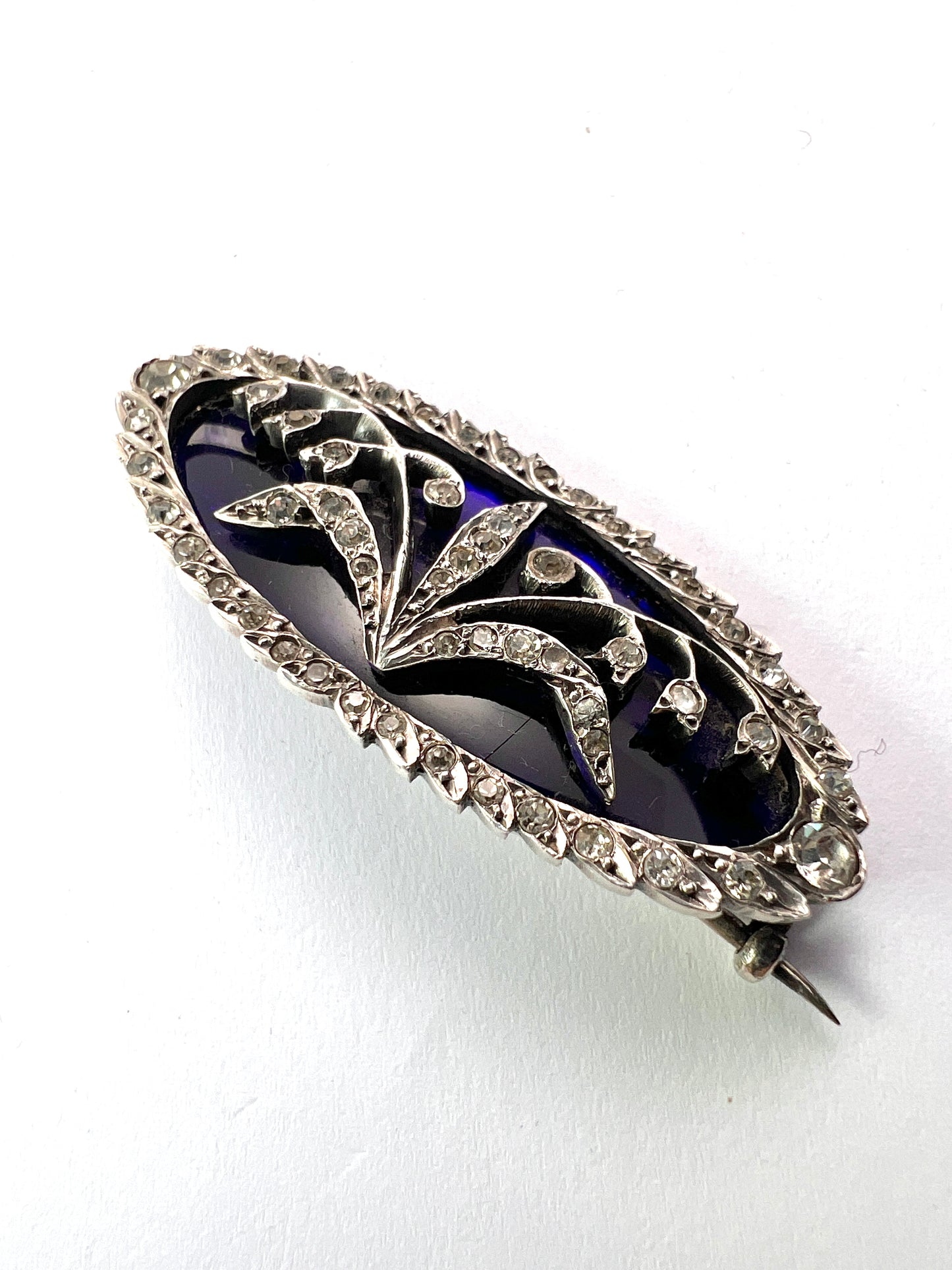 Antique Lily of the Valley Bristol Blue Glass Silver Paste Brooch