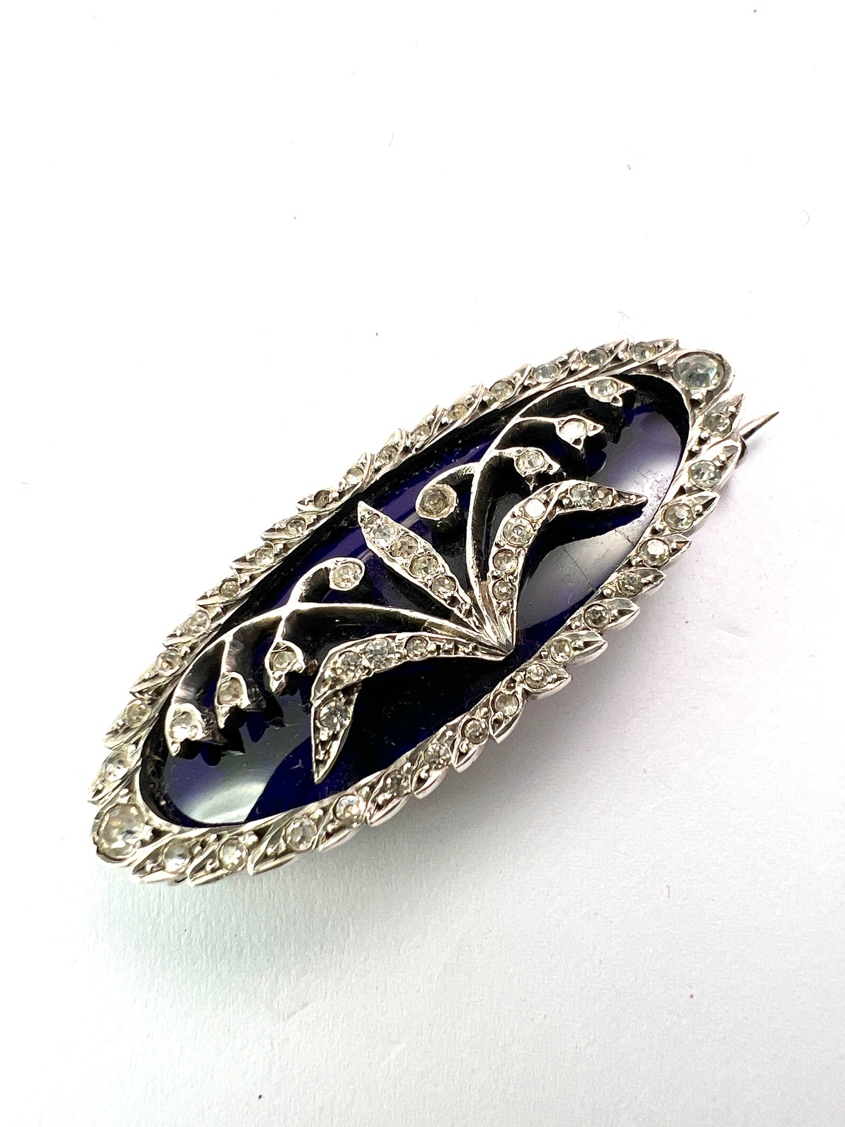 Antique Lily of the Valley Bristol Blue Glass Silver Paste Brooch