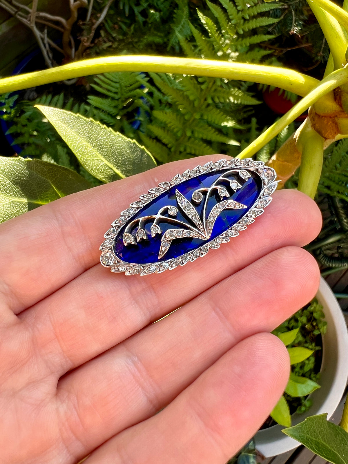 Antique Lily of the Valley Bristol Blue Glass Silver Paste Brooch