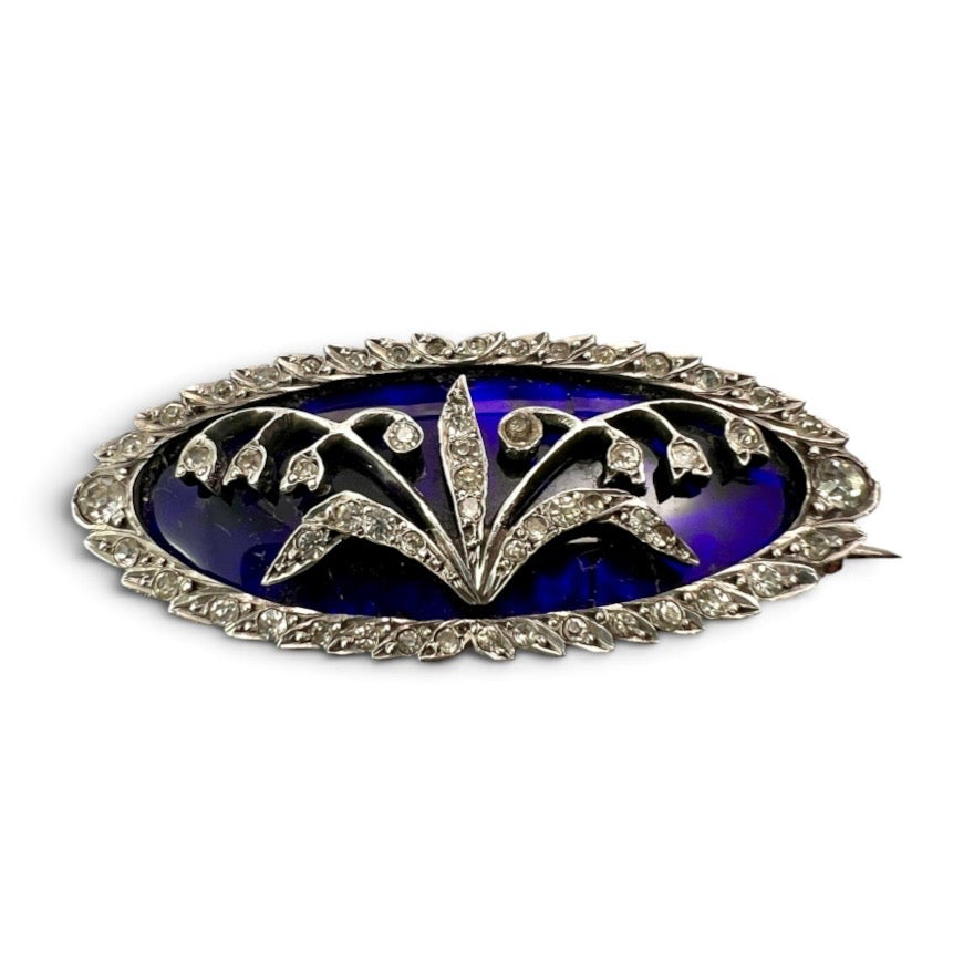 Antique Lily of the Valley Bristol Blue Glass Silver Paste Brooch