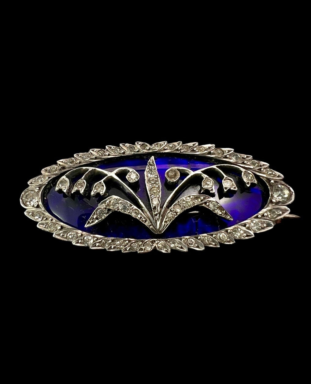 Antique Lily of the Valley Bristol Blue Glass Silver Paste Brooch