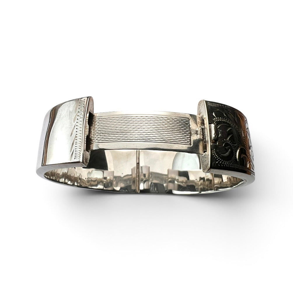 1964 Vintage Sterling Silver Engraved Hinged Bangle