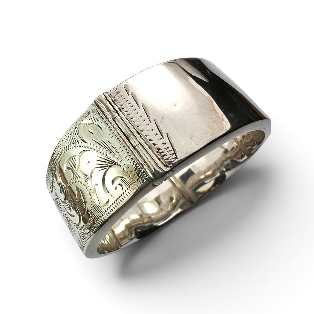 1964 Vintage Sterling Silver Engraved Hinged Bangle