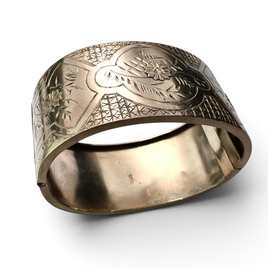 Wide Victorian Sterling Silver Hinged Cuff Bangle