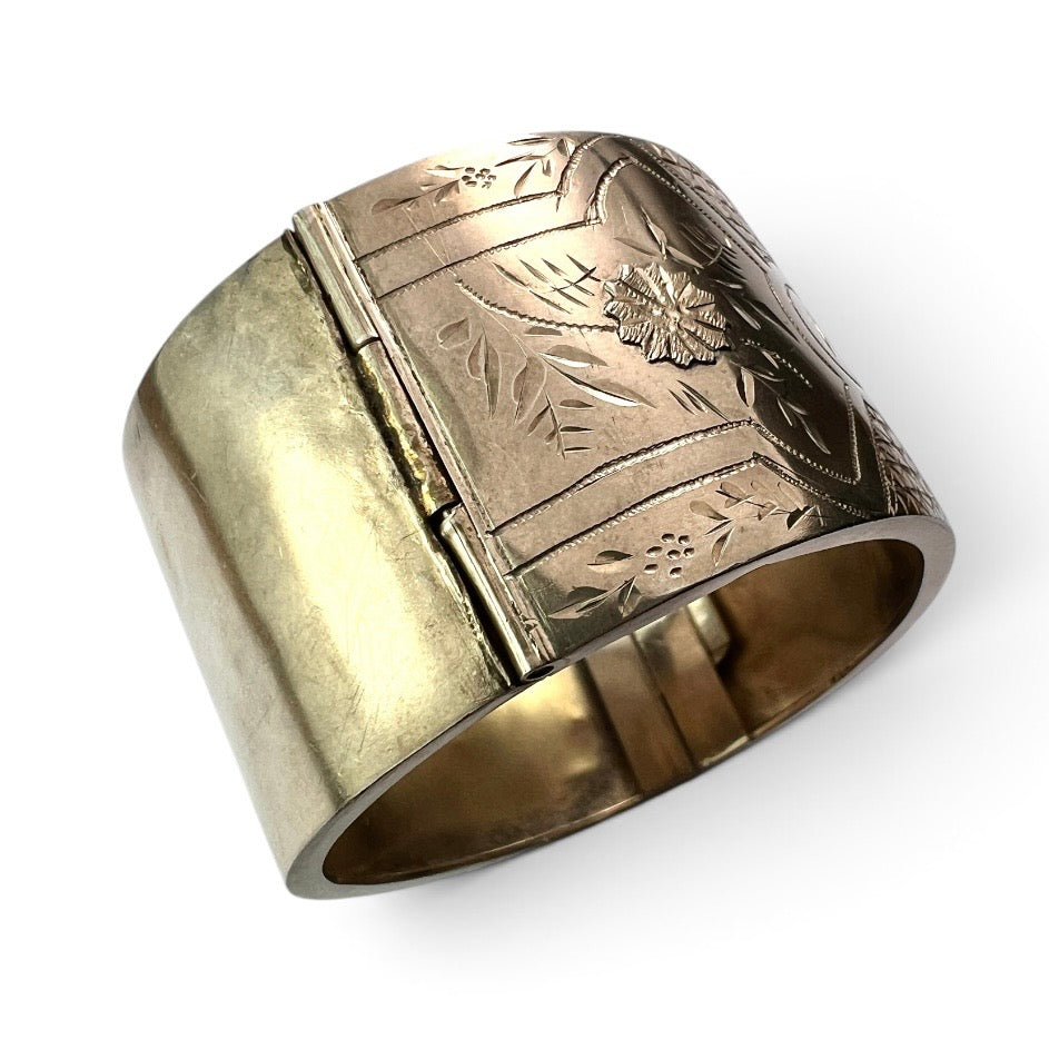 Wide Victorian Sterling Silver Hinged Cuff Bangle