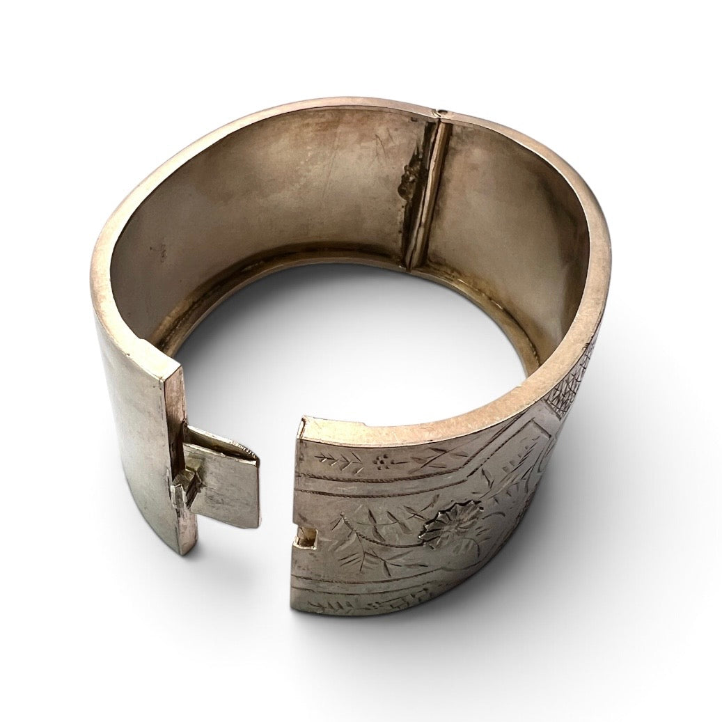 Wide Victorian Sterling Silver Hinged Cuff Bangle