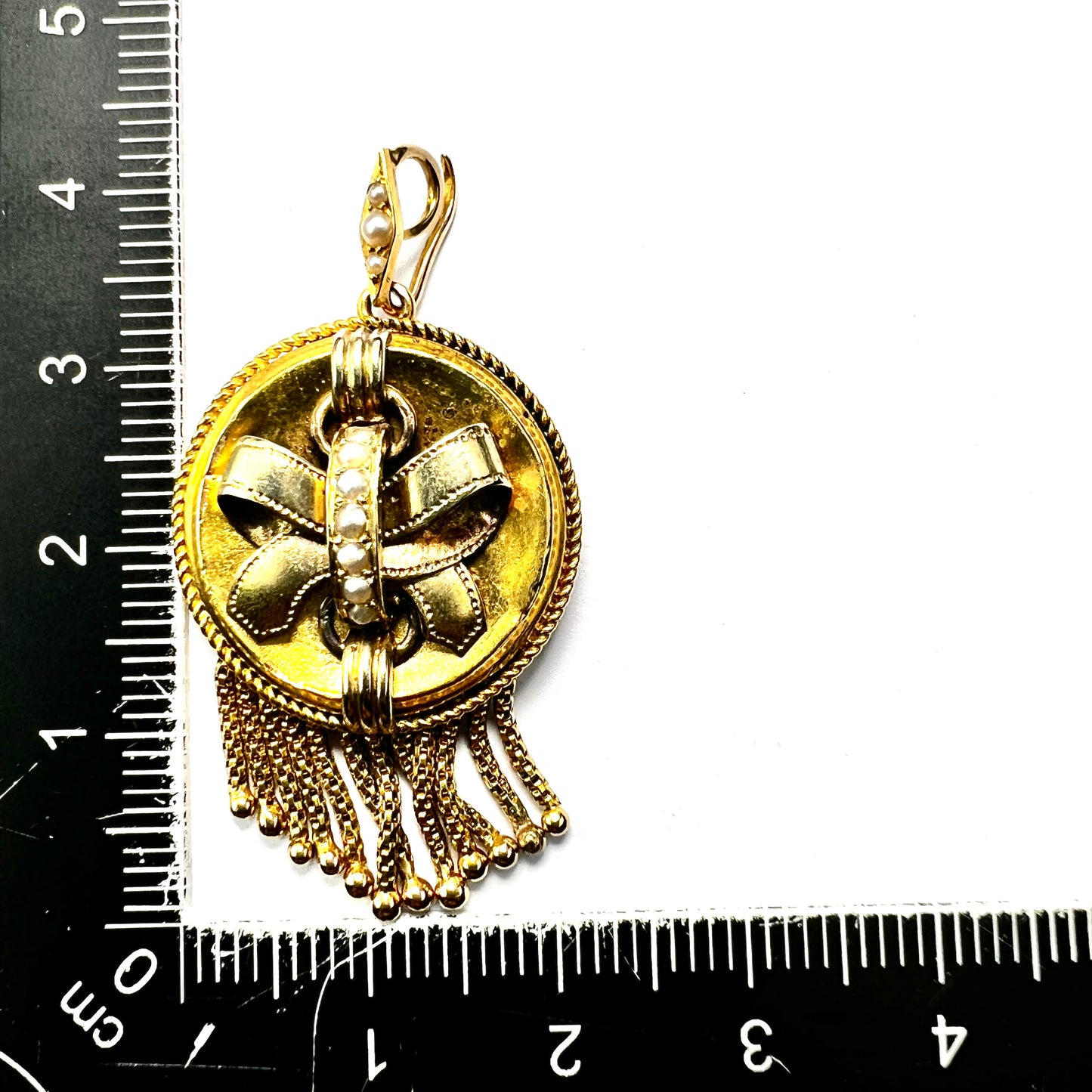 Victorian 15CT Gold Tassel Locket Pendant with Seed Pearls