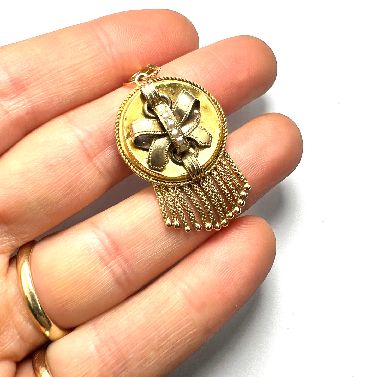 Victorian 15CT Gold Tassel Locket Pendant with Seed Pearls