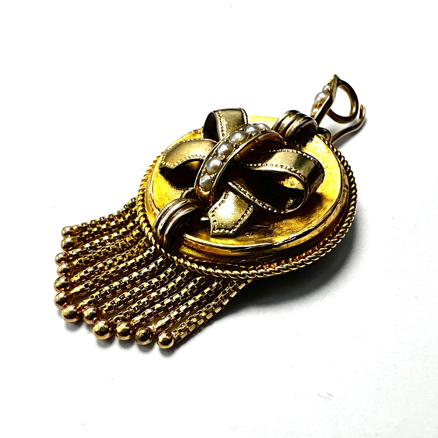 Victorian 15CT Gold Tassel Locket Pendant with Seed Pearls