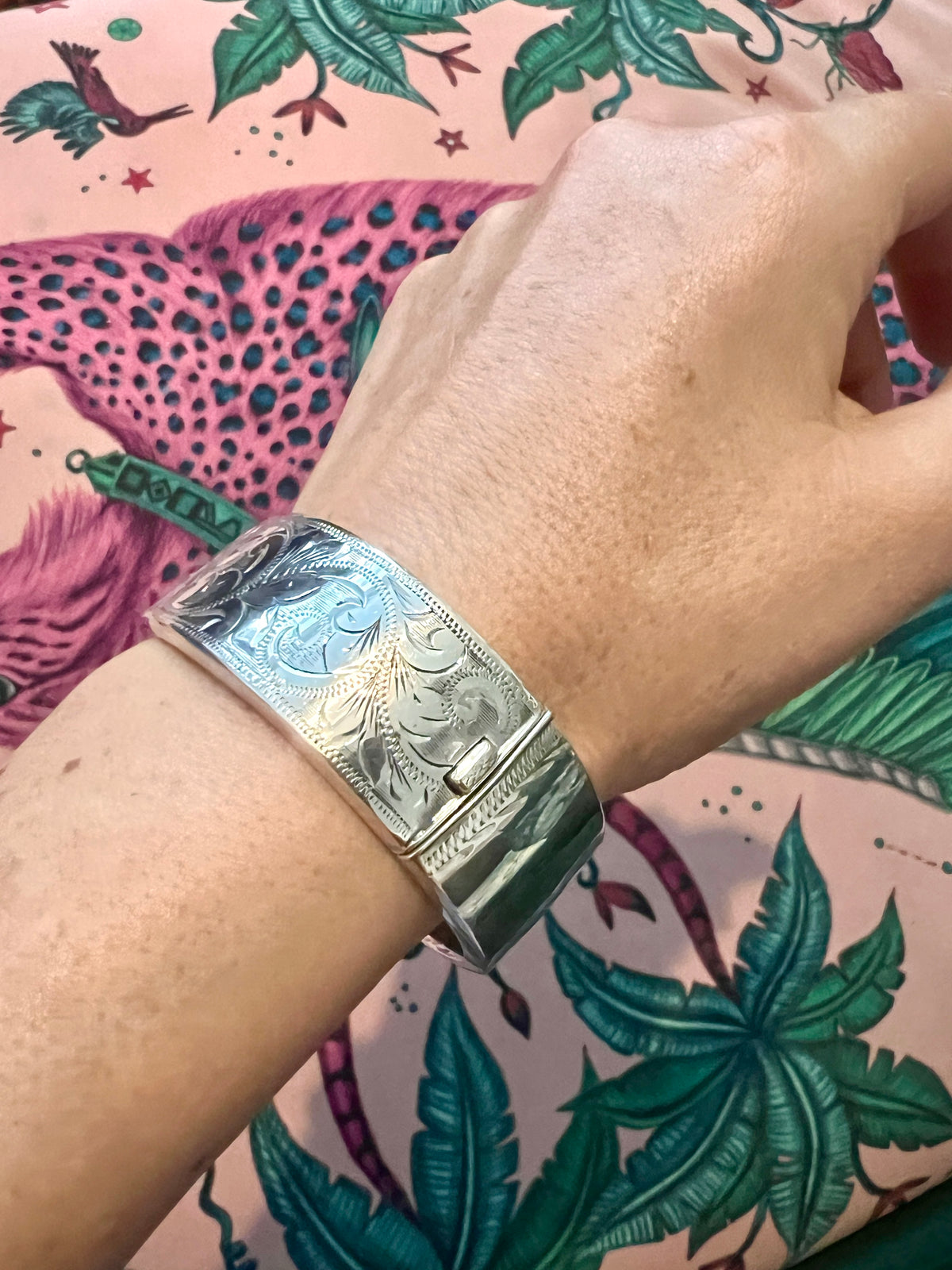 1964 Vintage Sterling Silver Engraved Hinged Bangle