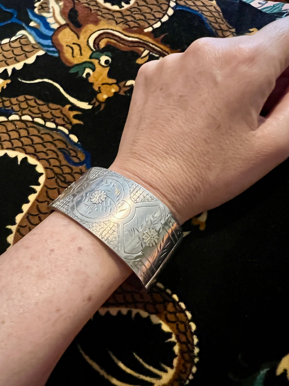 Wide Victorian Sterling Silver Hinged Cuff Bangle