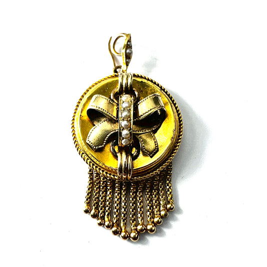 Victorian 15CT Gold Tassel Locket Pendant with Seed Pearls