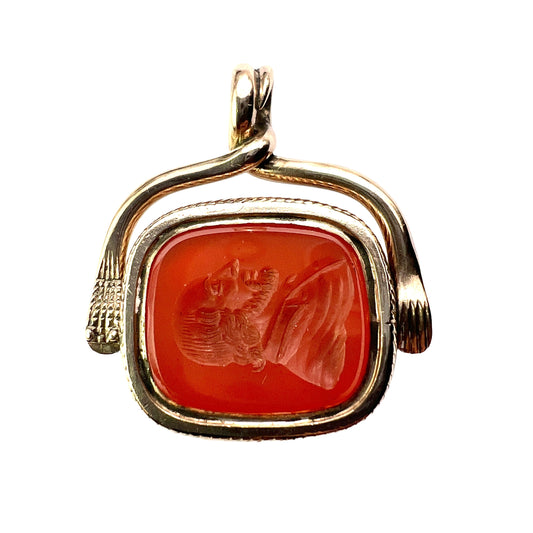 Antique Snake and Hand Gold Intaglio Carnelian Spinner Pendant Fob