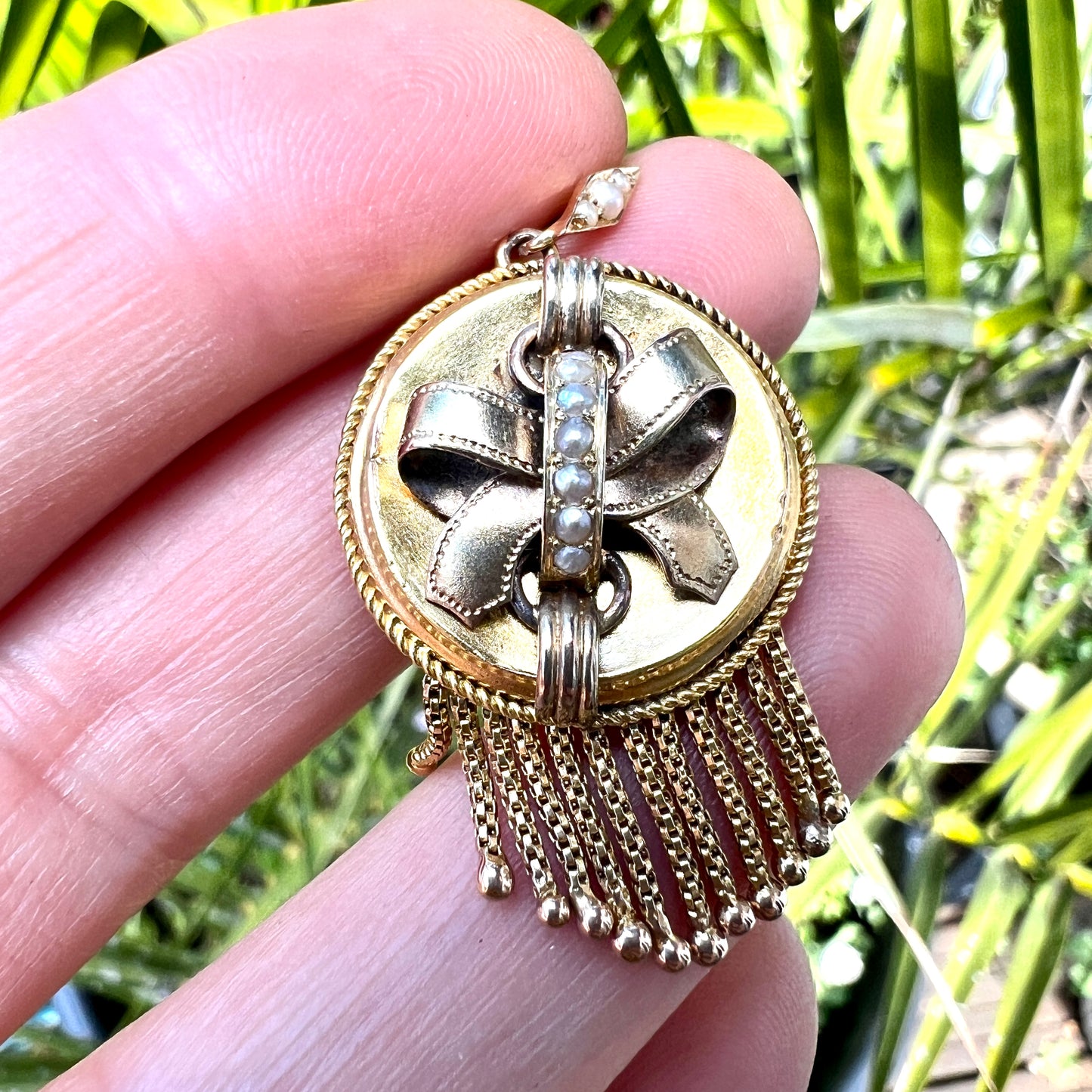 Victorian 15CT Gold Tassel Locket Pendant with Seed Pearls