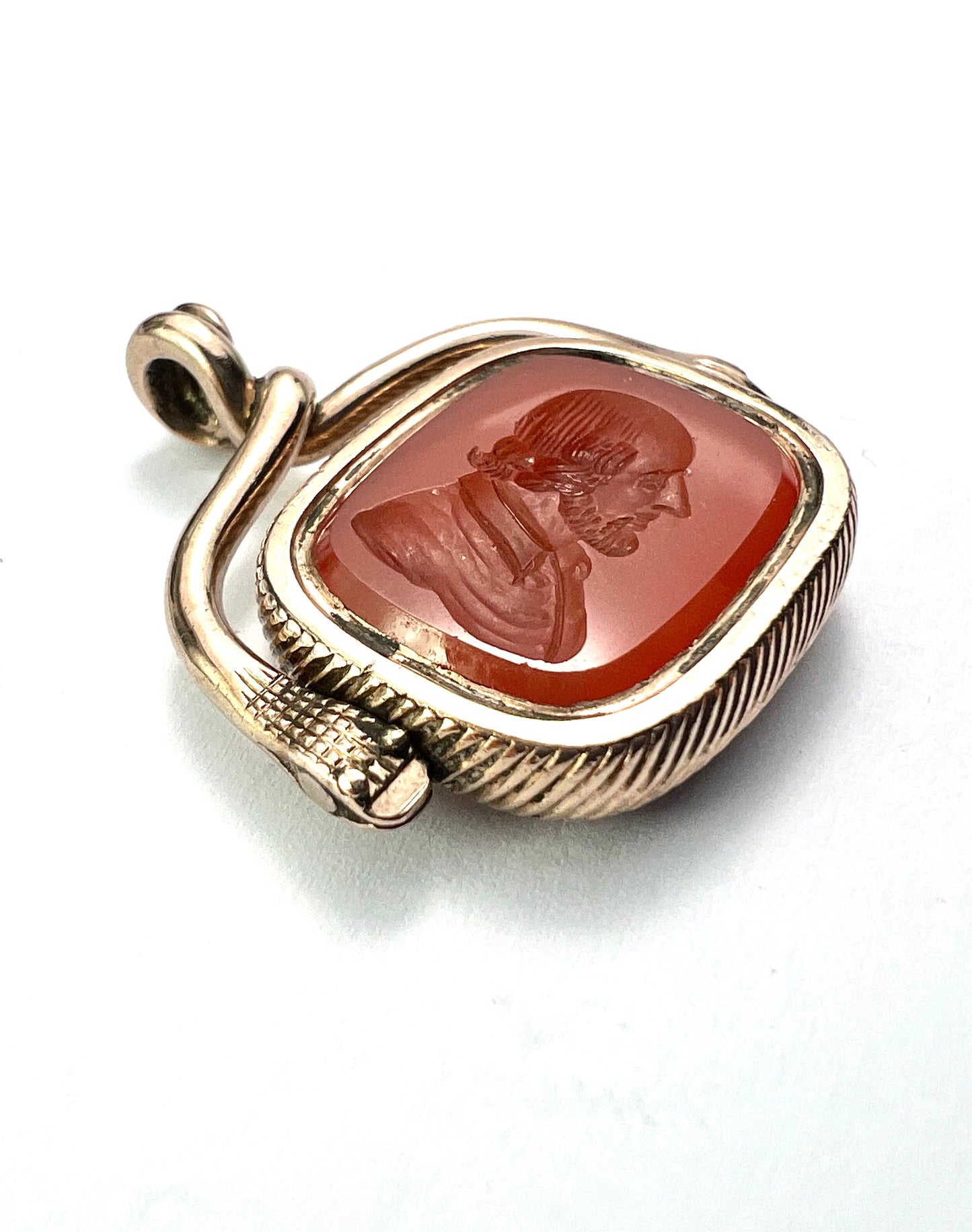 RESERVED for E • Antique Snake and Hand Gold Intaglio Carnelian Spinner Pendant Fob