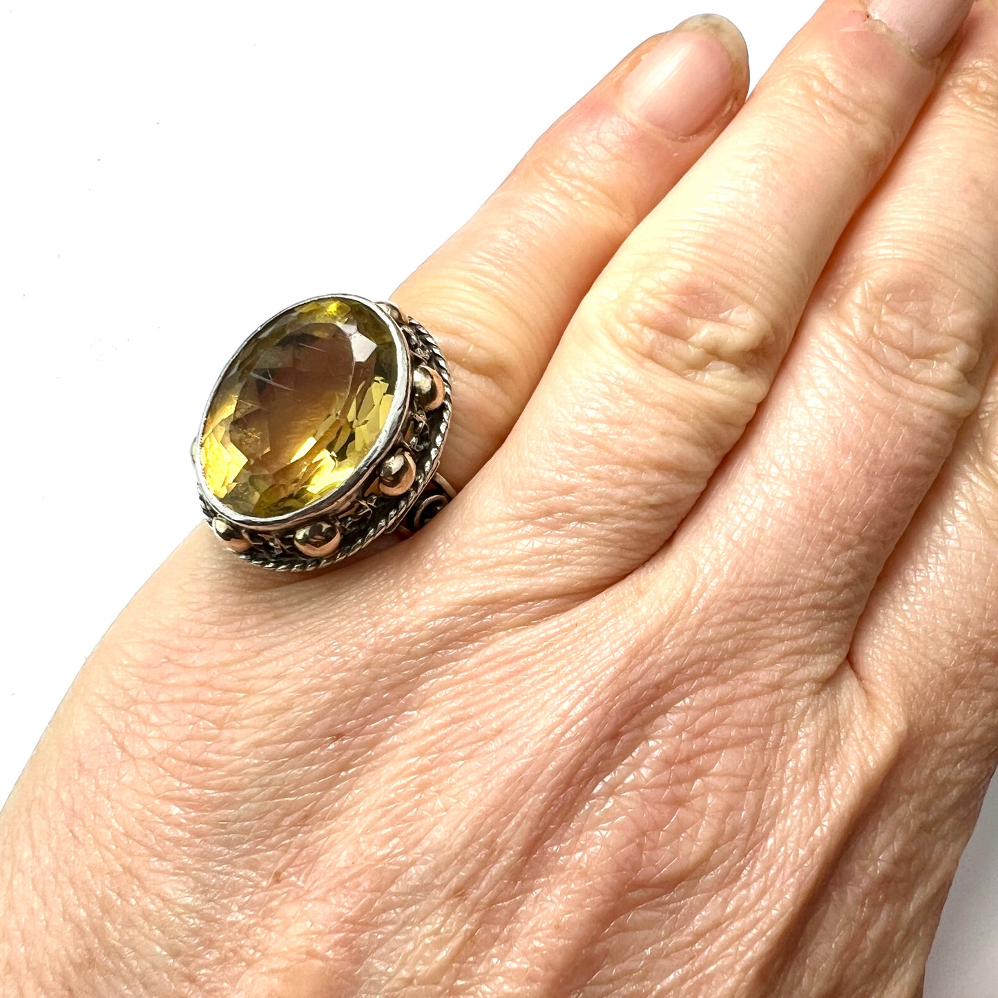 Vintage Arts and Crafts Style Gold and Silver Citrine Cocktail Ring