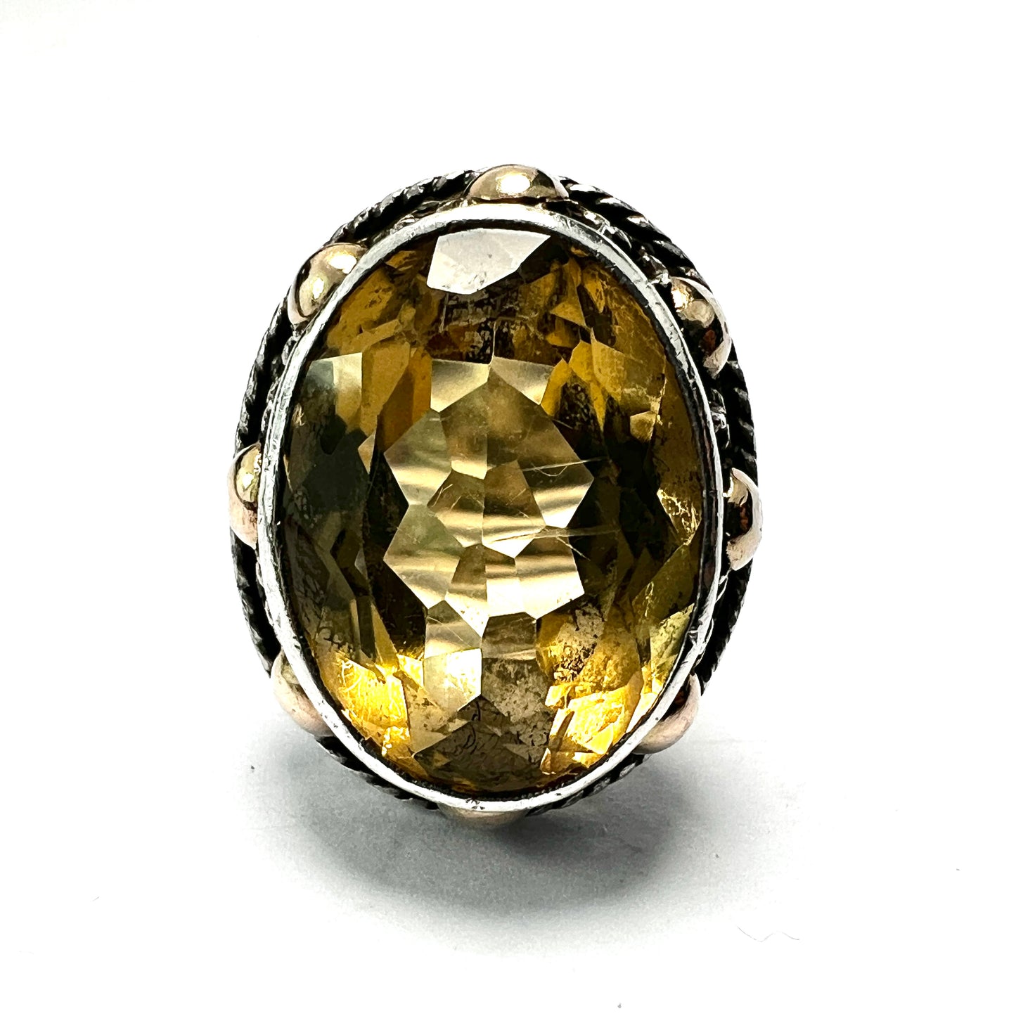 Vintage Arts and Crafts Style Gold and Silver Citrine Cocktail Ring