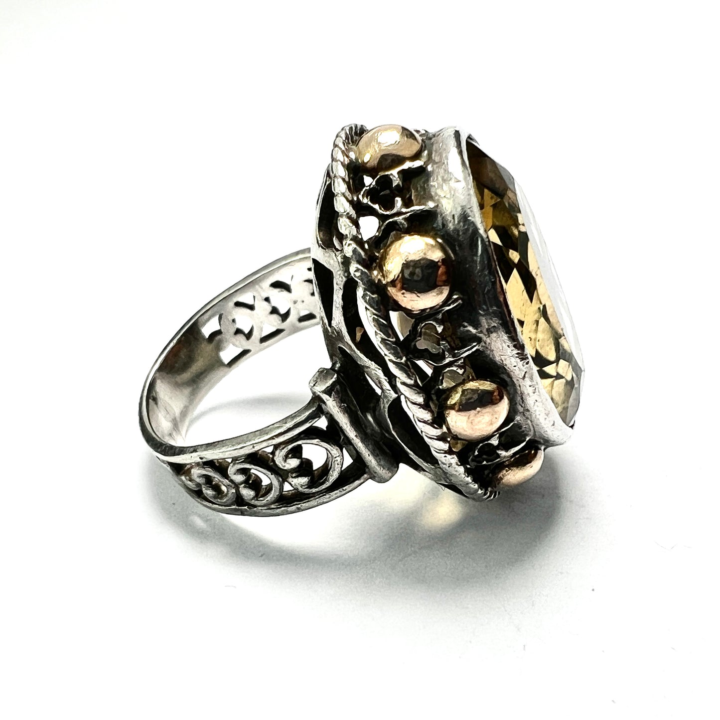 Vintage Arts and Crafts Style Gold and Silver Citrine Cocktail Ring