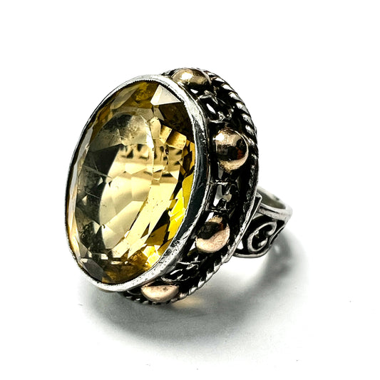 Vintage Arts and Crafts Style Gold and Silver Citrine Cocktail Ring