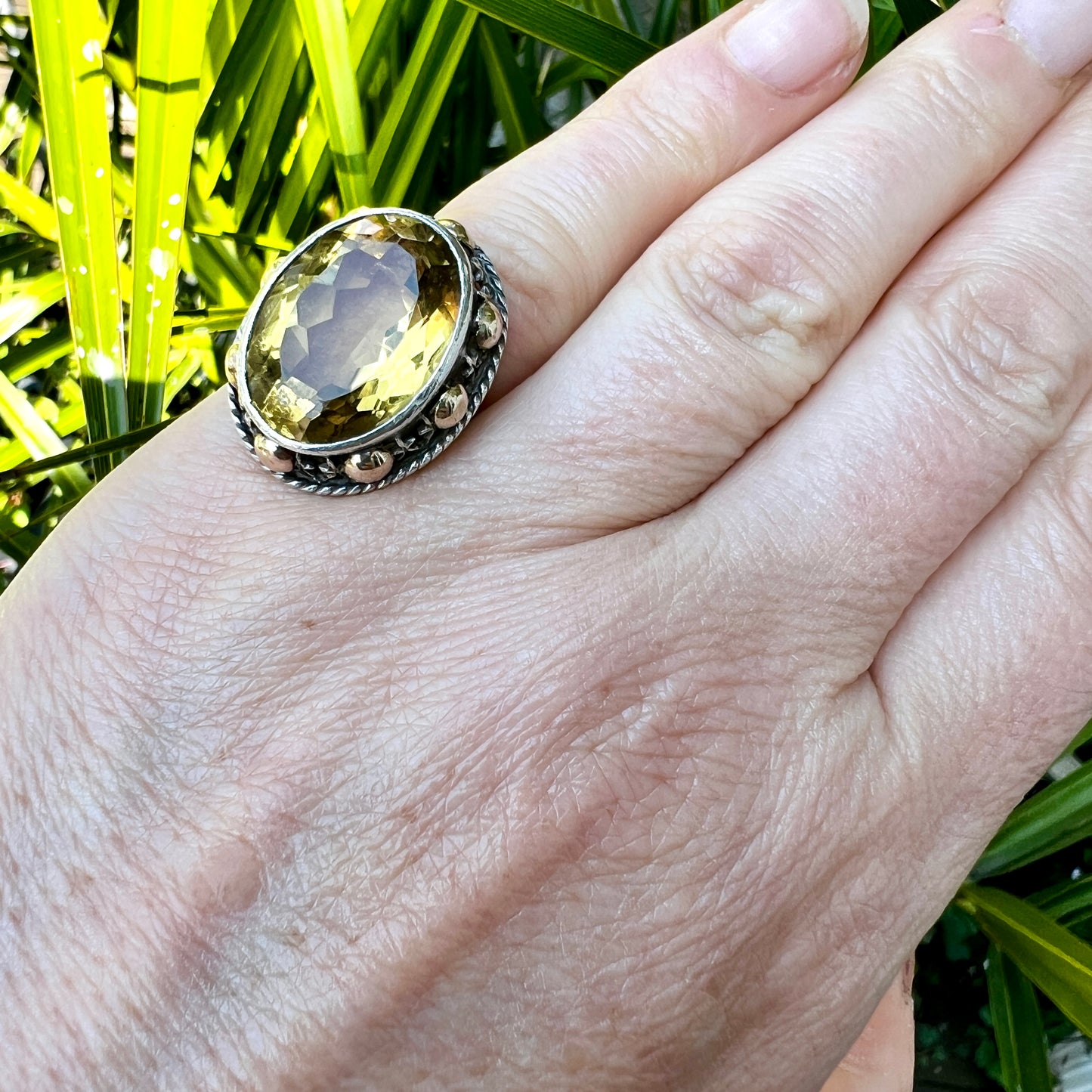 Vintage Arts and Crafts Style Gold and Silver Citrine Cocktail Ring