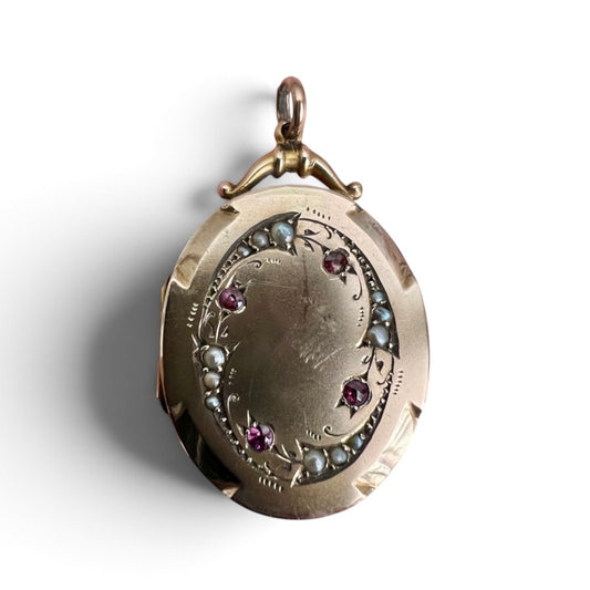 Victorian 9CT Gold Ruby and Pearl Locket