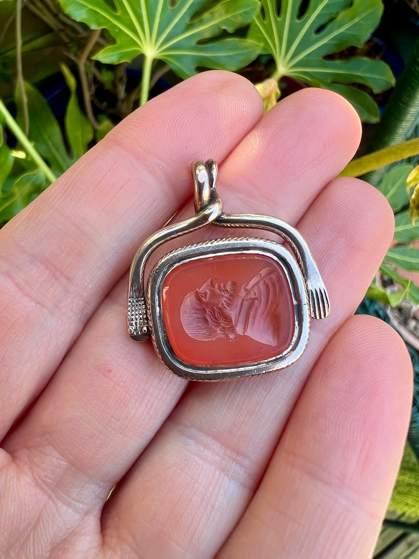 RESERVED for E • Antique Snake and Hand Gold Intaglio Carnelian Spinner Pendant Fob