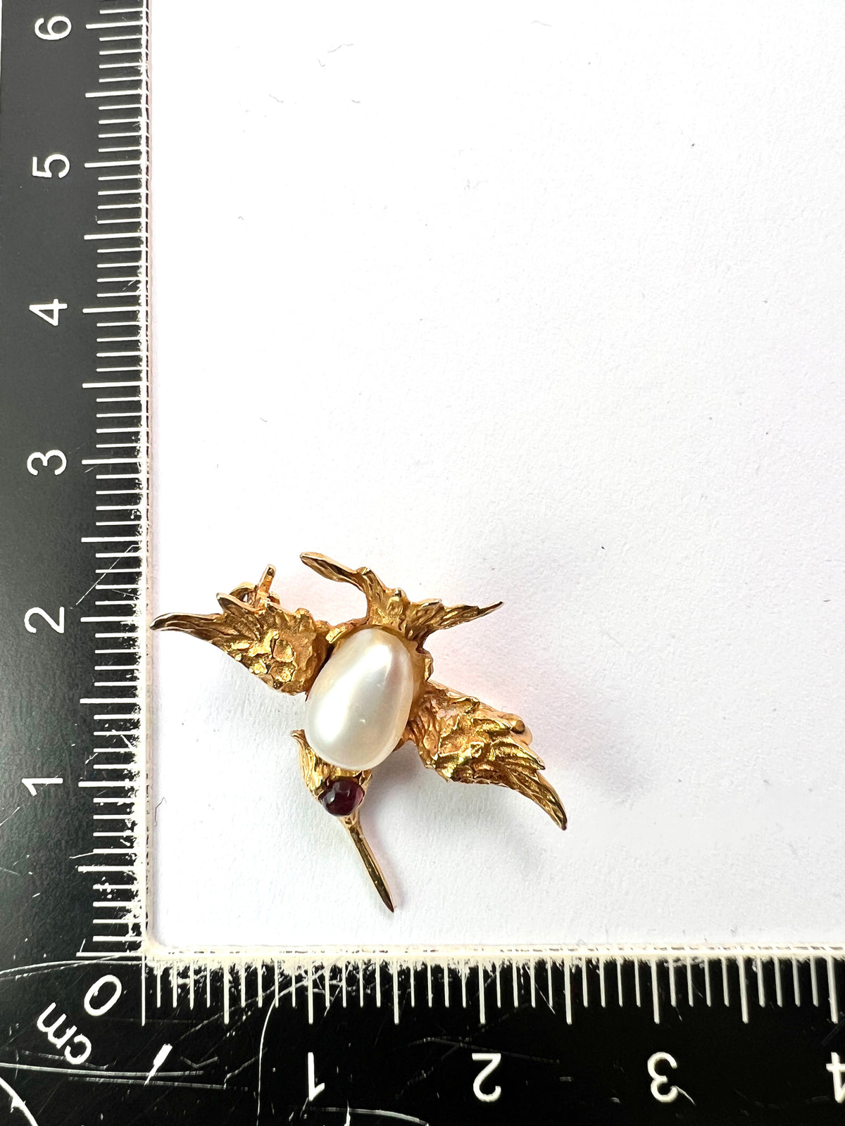 Vintage Ruby and Pearl 9CT Gold Hummingbird Brooch