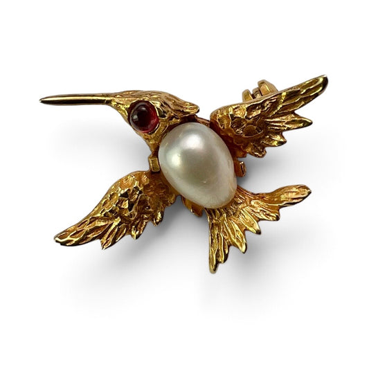 Vintage Ruby and Pearl 9CT Gold Hummingbird Brooch