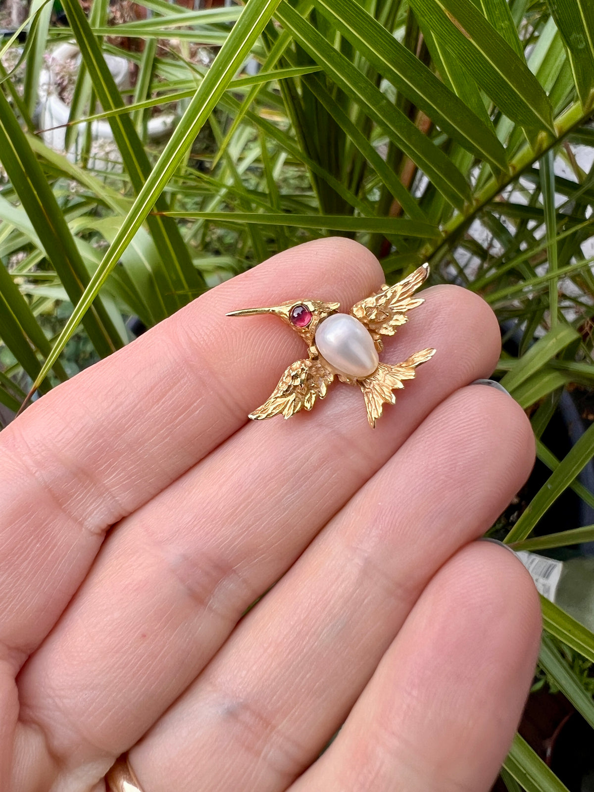 Vintage Ruby and Pearl 9CT Gold Hummingbird Brooch