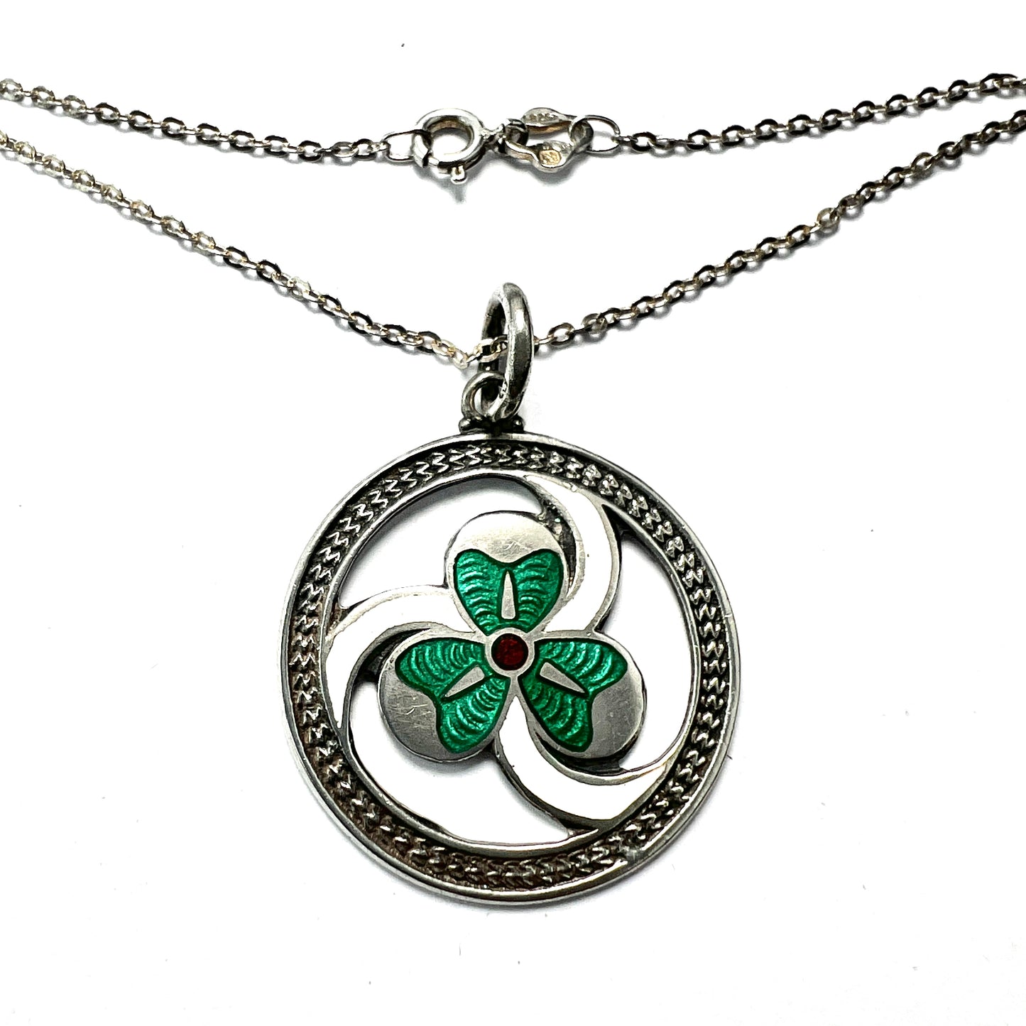 1933 Silver Enamelled Lucky Clover Pendant Necklace