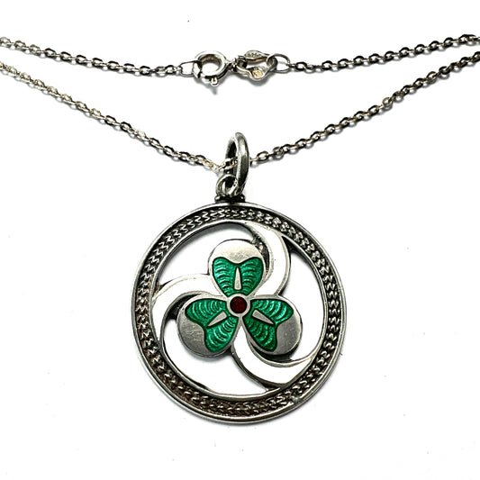1933 Silver Enamelled Lucky Clover Pendant Necklace