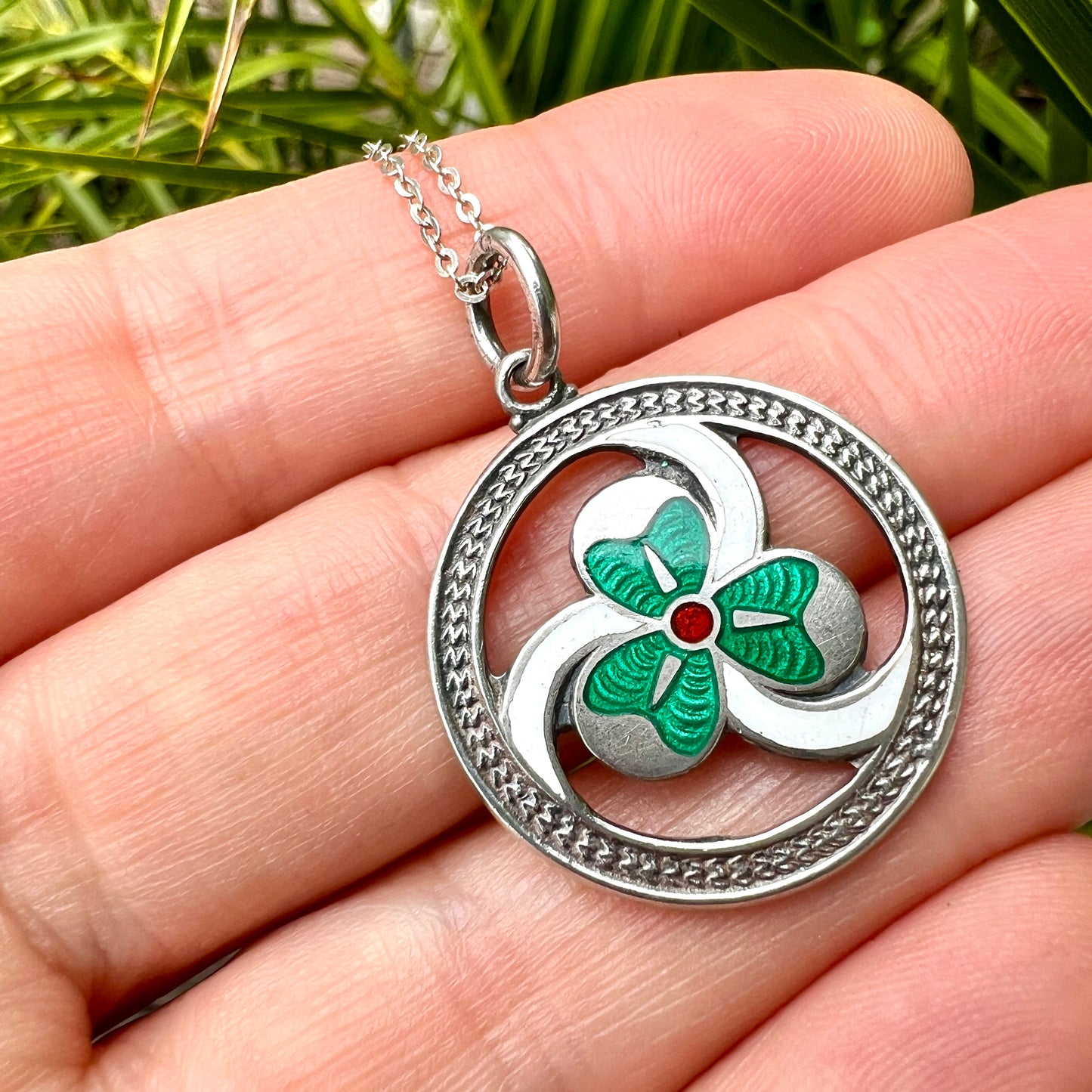 1933 Silver Enamelled Lucky Clover Pendant Necklace