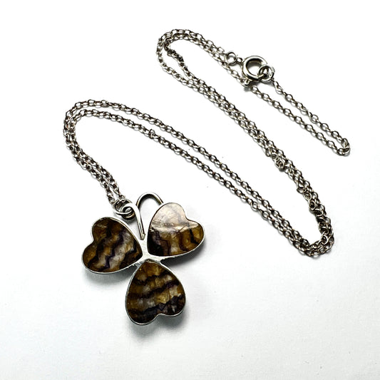 Rare Antique Silver Blue John Lucky Clover Necklace