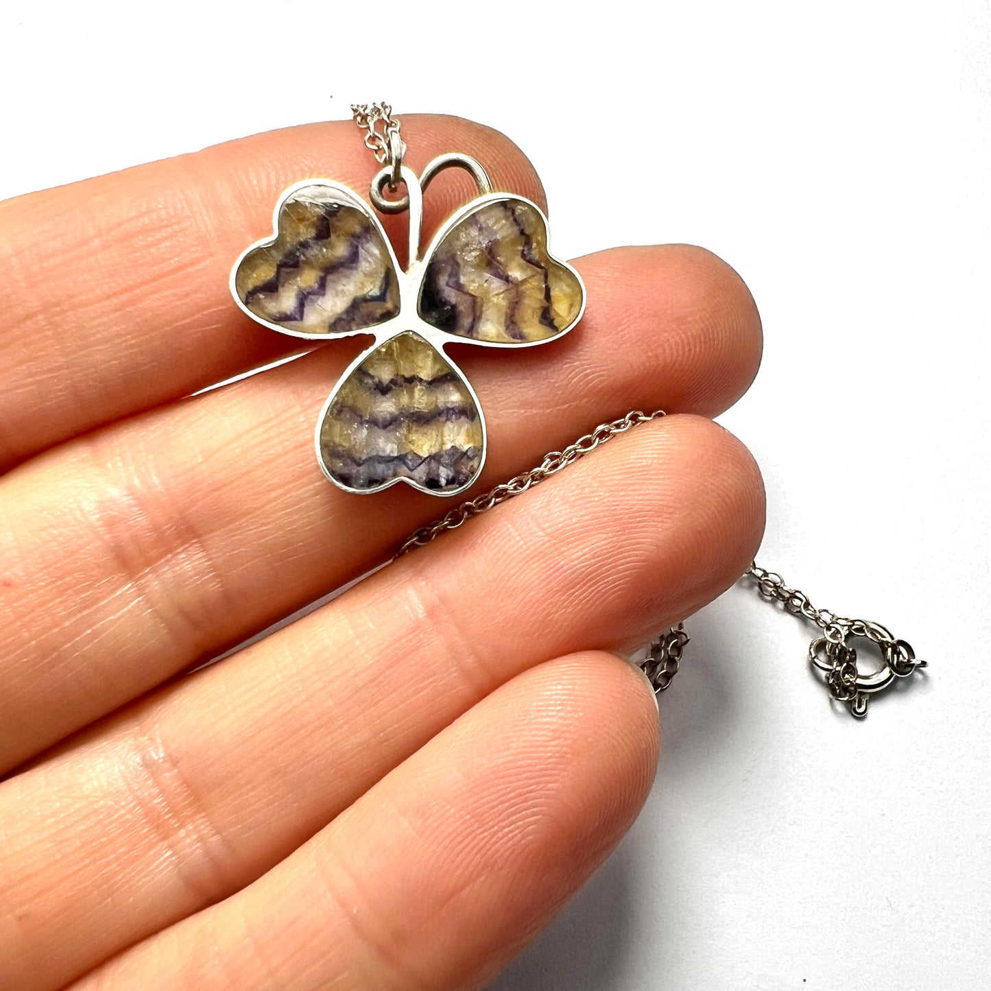 Rare Antique Silver Blue John Lucky Clover Necklace