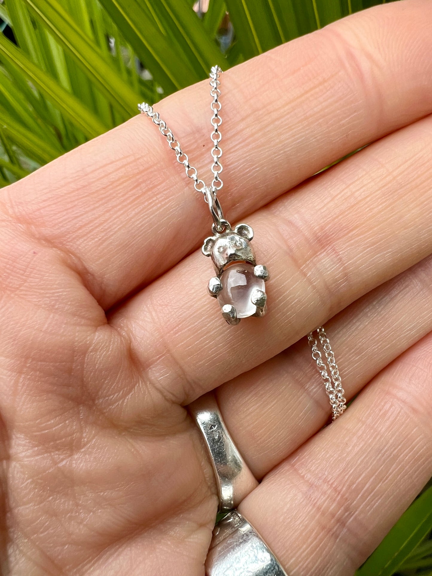 Teeny Tiny Vintage Moonstone Silver Bear Charm Necklace