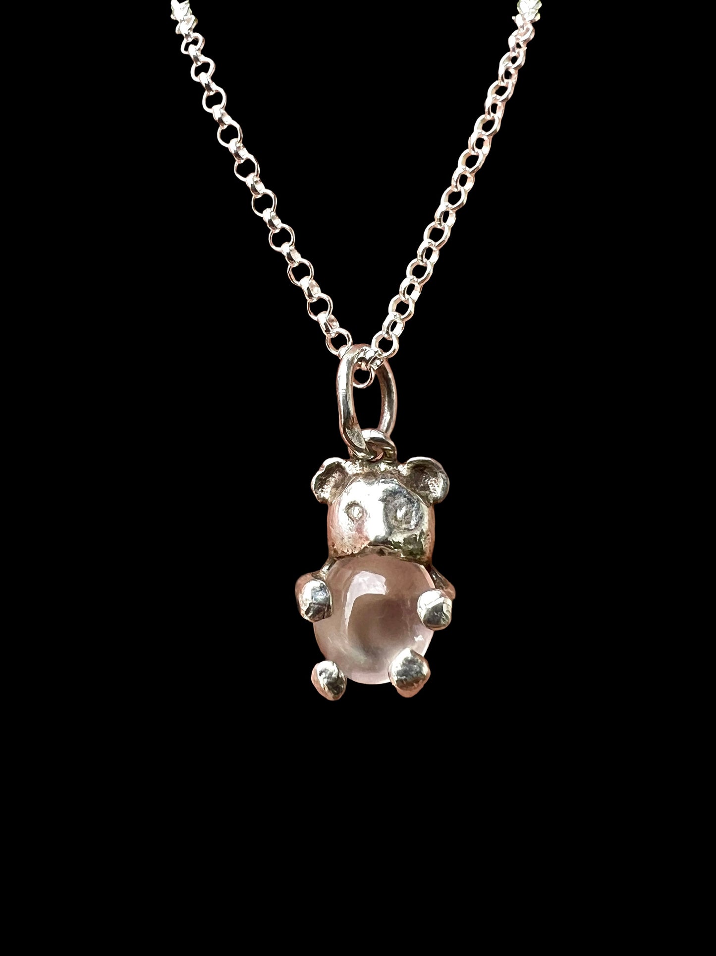 Teeny Tiny Vintage Moonstone Silver Bear Charm Necklace