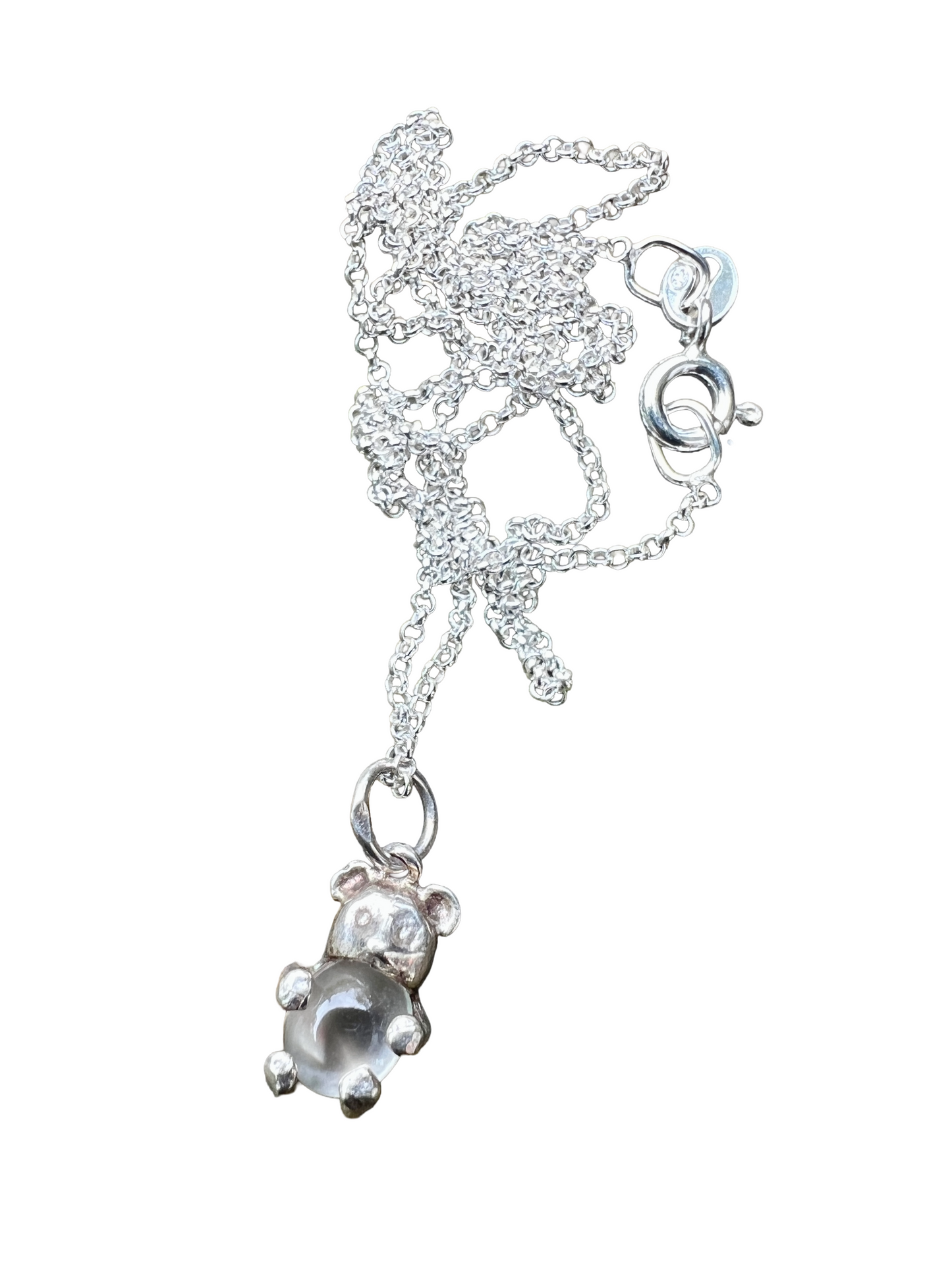 Teeny Tiny Vintage Moonstone Silver Bear Charm Necklace